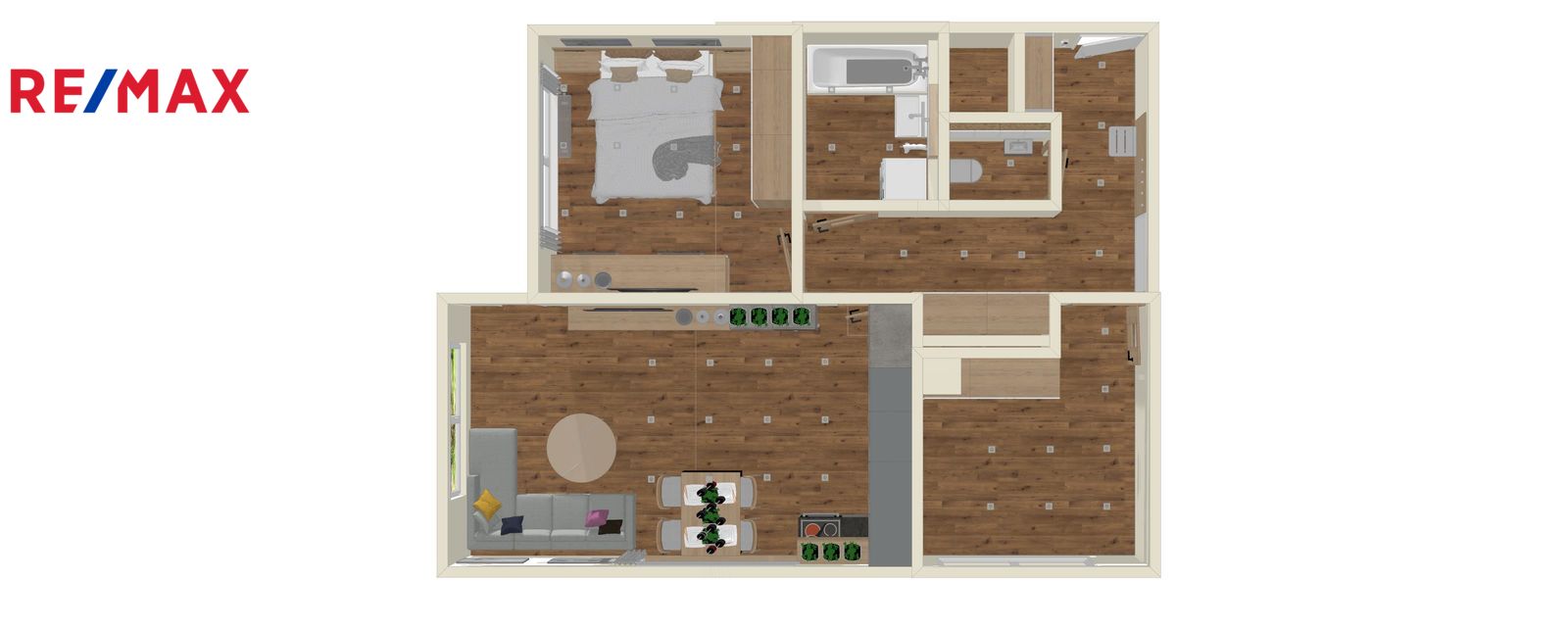 Pronájem zařízeného bytu 3kk 65m² v novostavbě s lodžií 5m², sklepem a garáží v Praze 9 – Strašicích